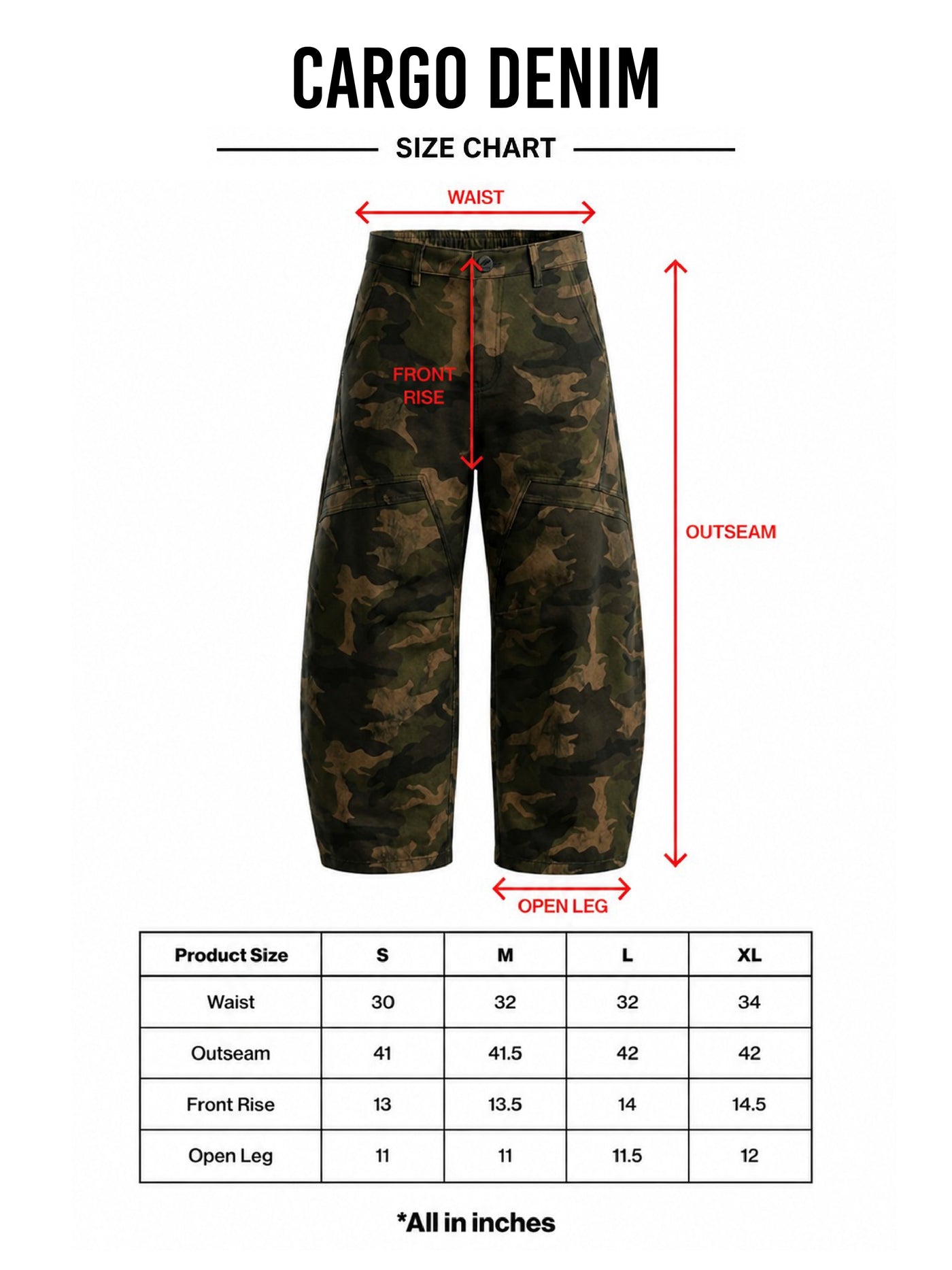 HUST Cargo-Cutter Denim size chart