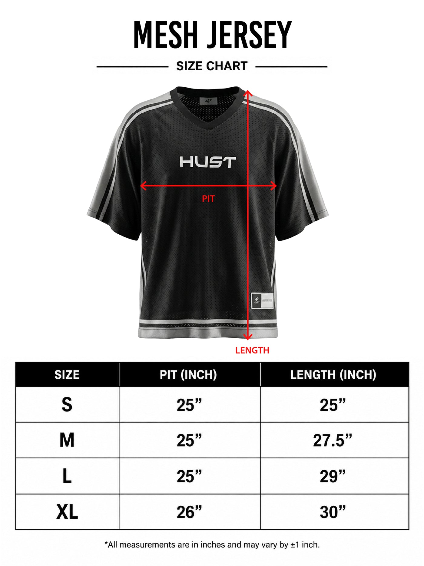 HUST Technical Mesh Jersey size chart