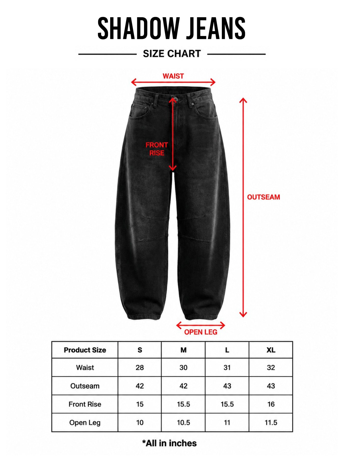 HUST Shadow Jeans size chart