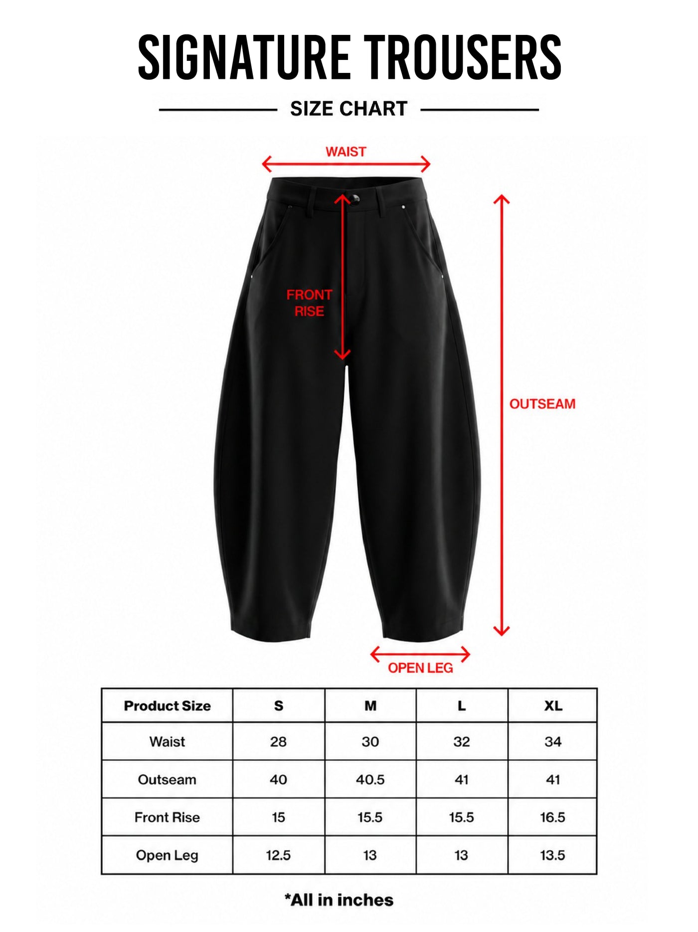 HUST Signature Trousers size chart