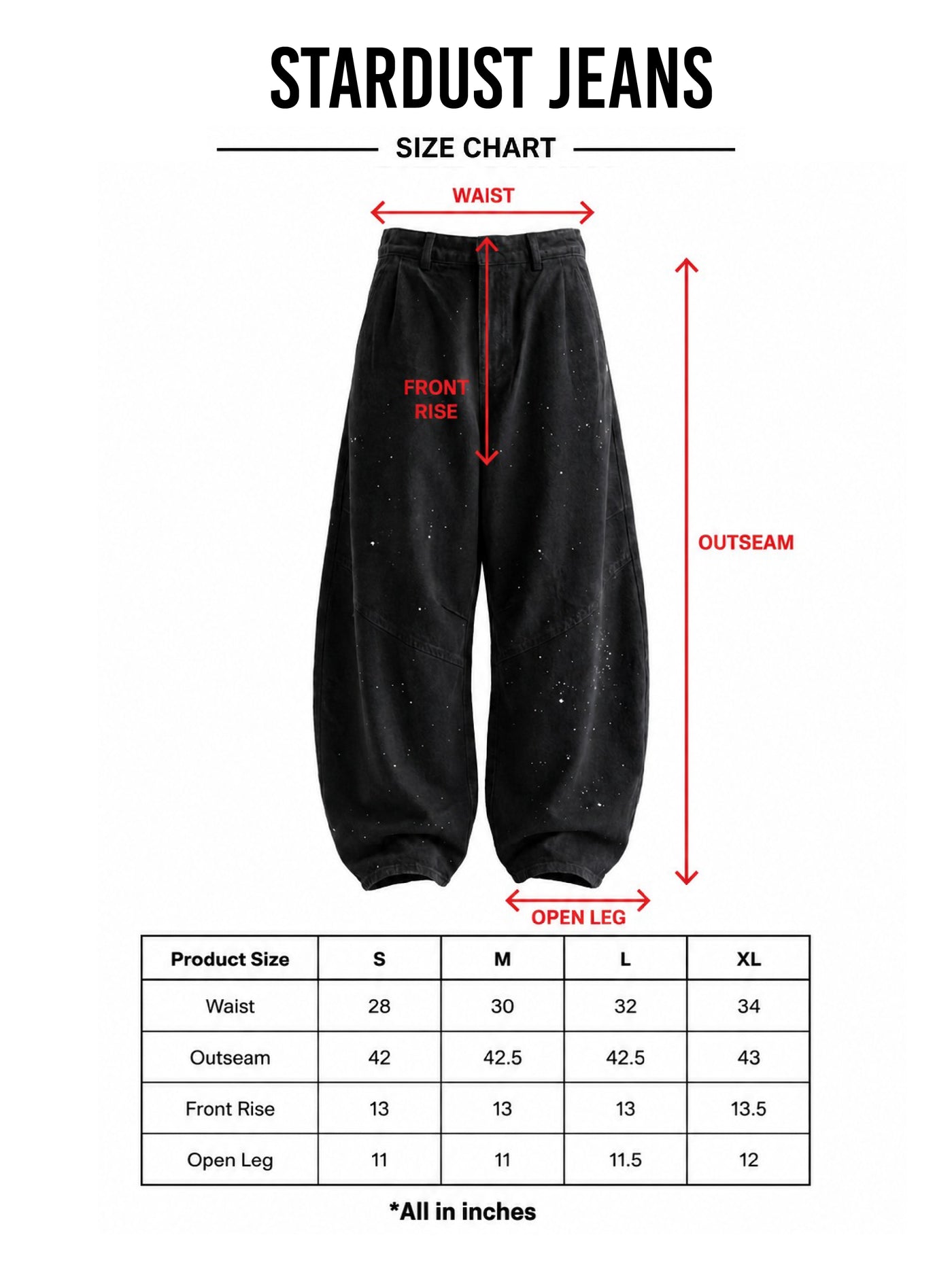 HUST Stardust Jeans size chart