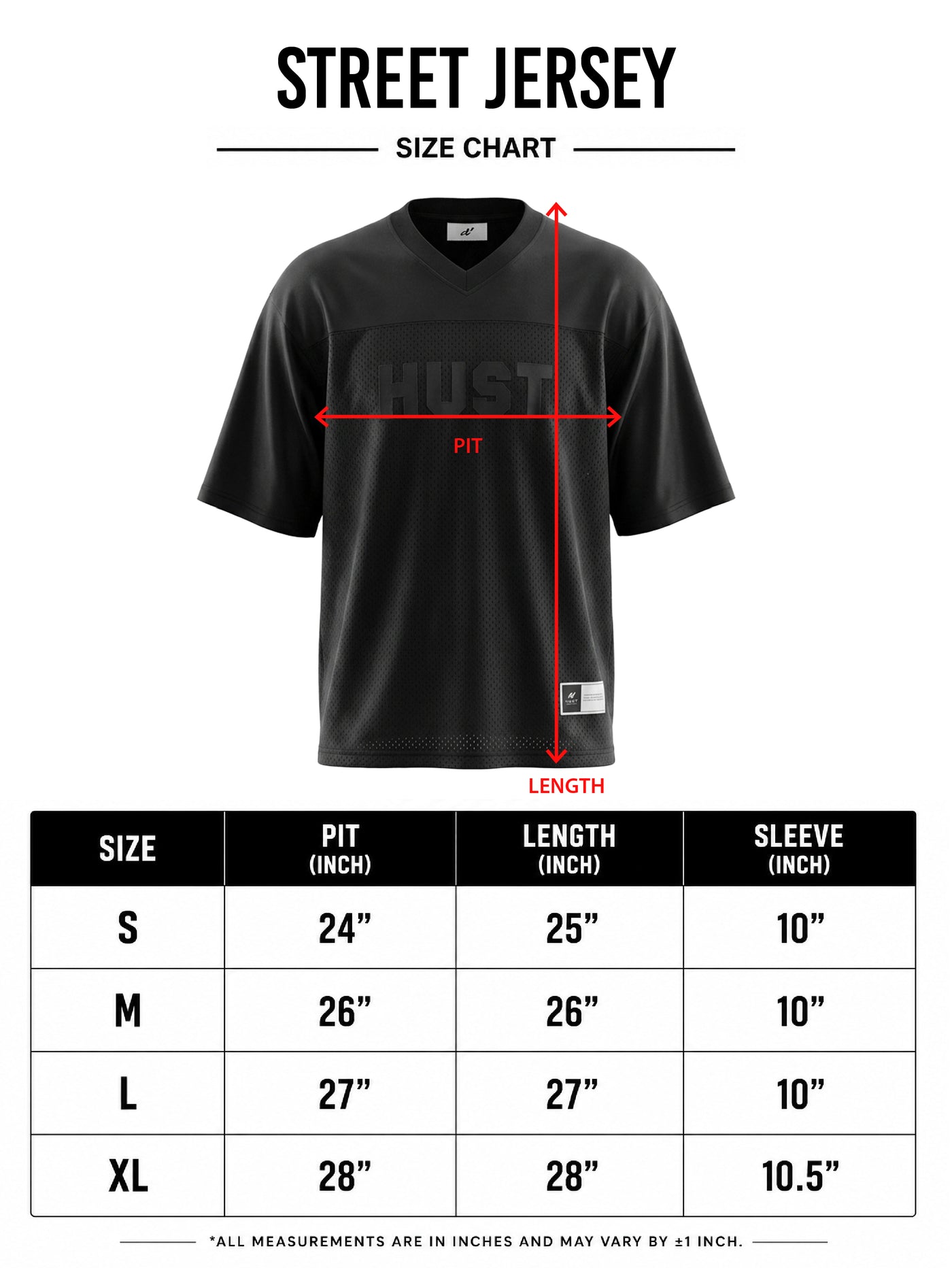 HUST Technical Street Jersey size chart