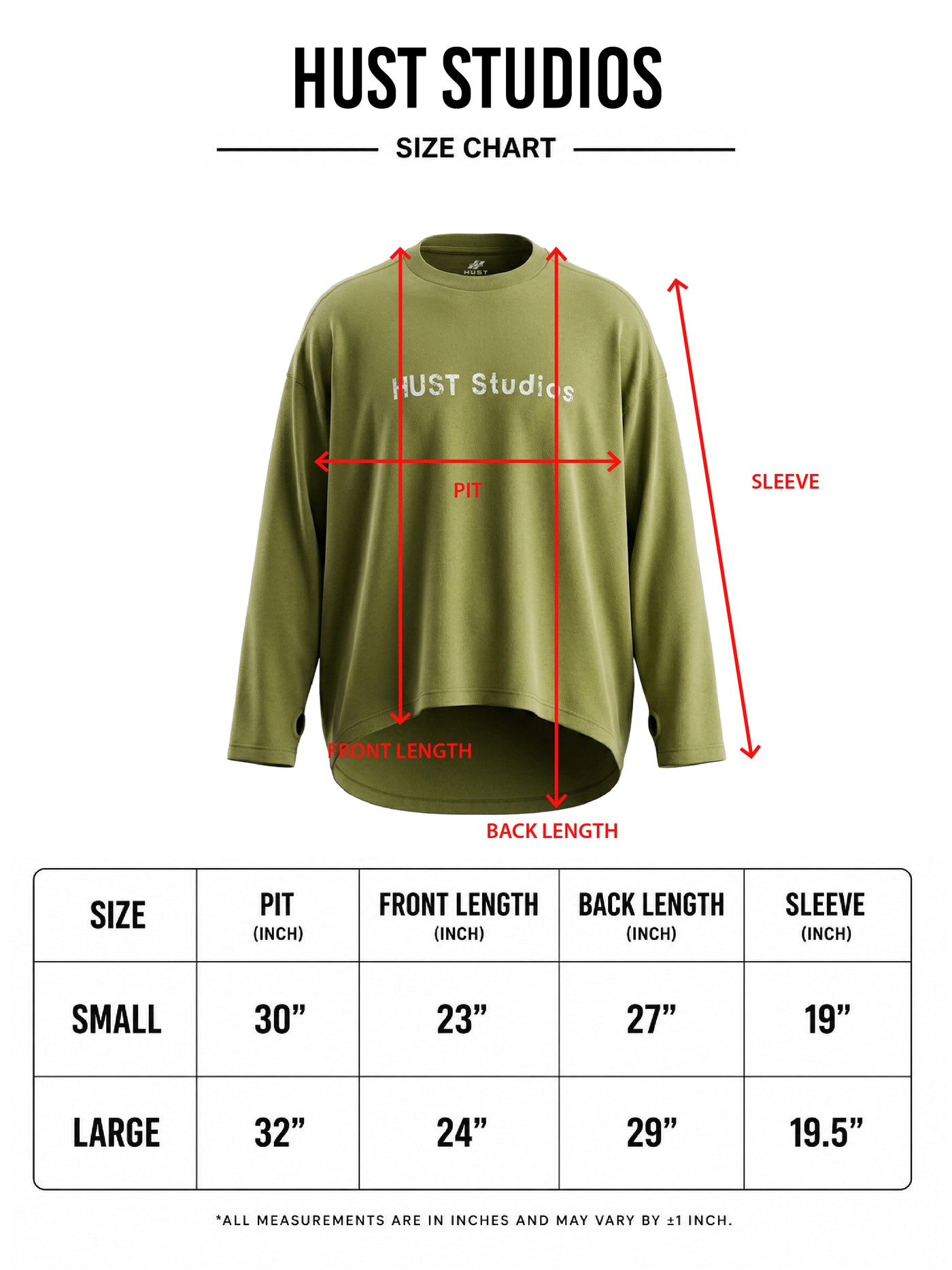 HUST Studios Long-Sleeve size chart